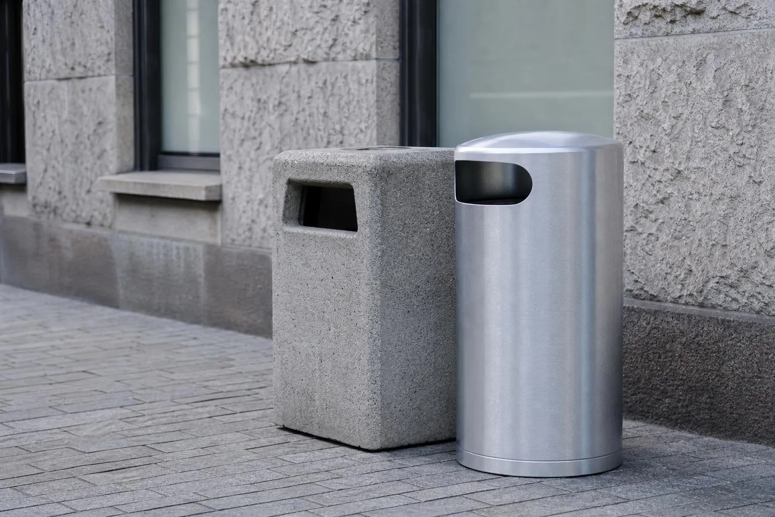 Poubelles en béton et en métal dans un environnement urbain.