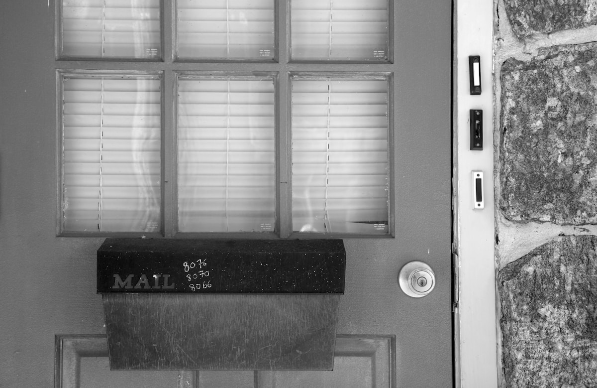 Boîte aux lettres en bois noir sur une porte en bois.