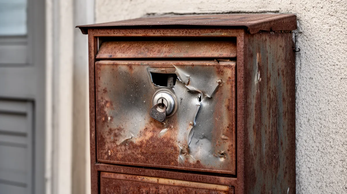Boîte aux lettres rouillée et endommagée, serrure cassée.