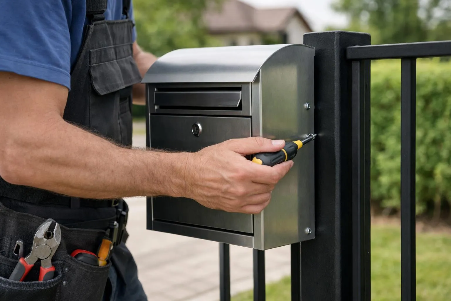 Homme installant une boîte aux lettres noire dans le jardin.