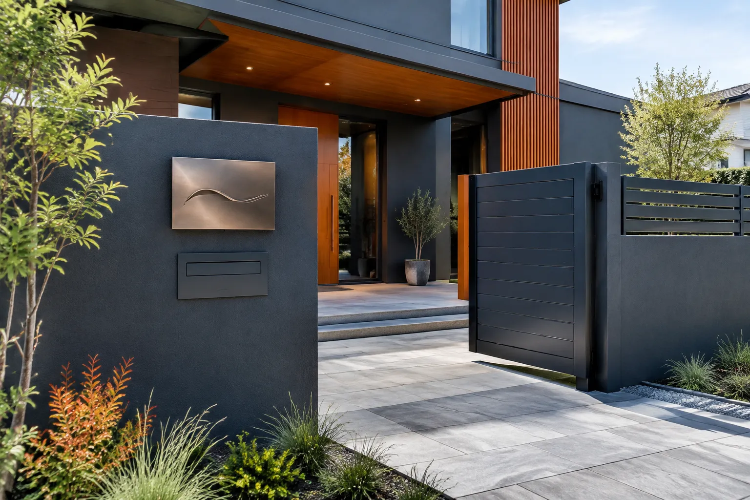 Entrée contemporaine sombre avec portail noir et touches bois.