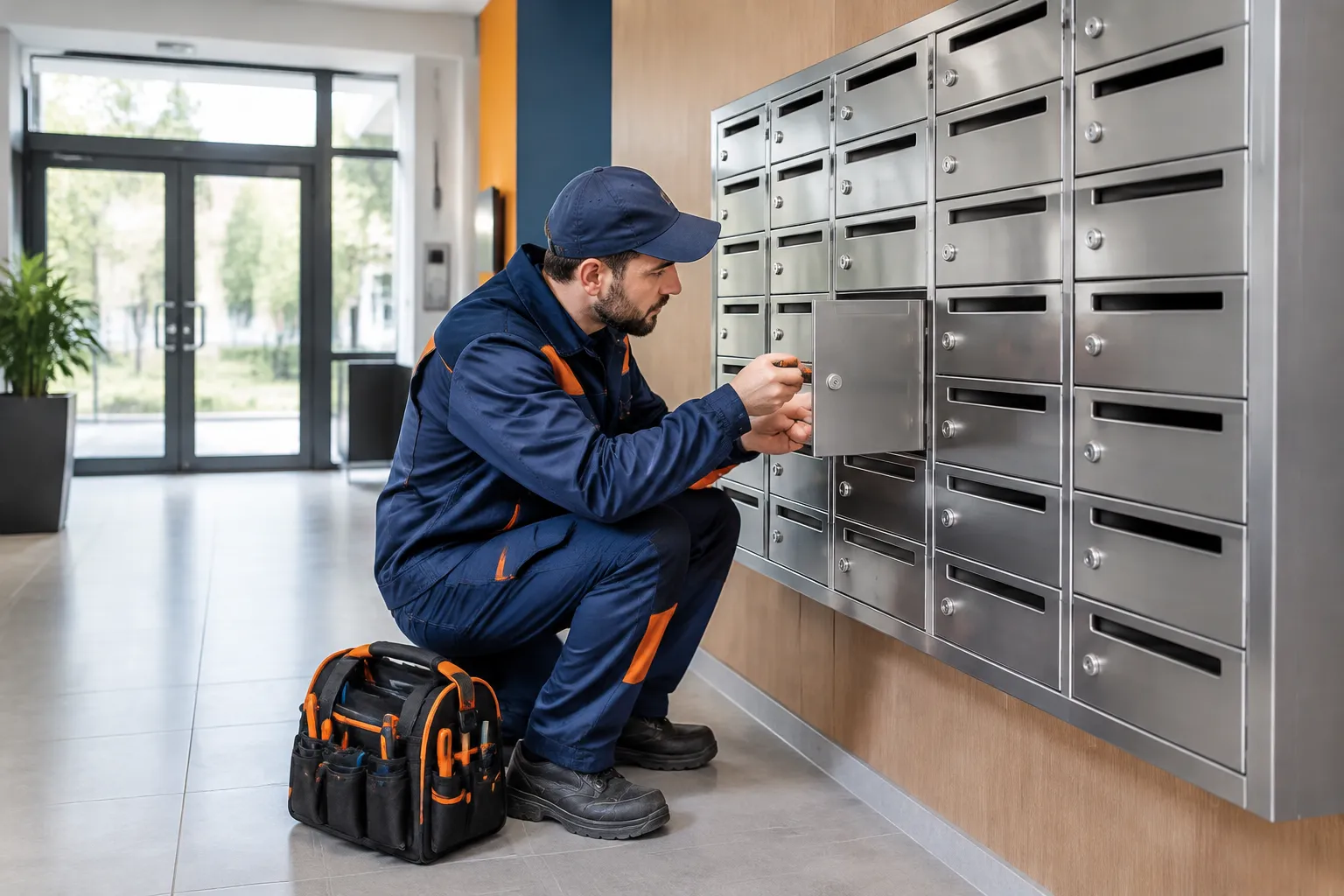 Technicien réparant une boîte aux lettres murale métallique.