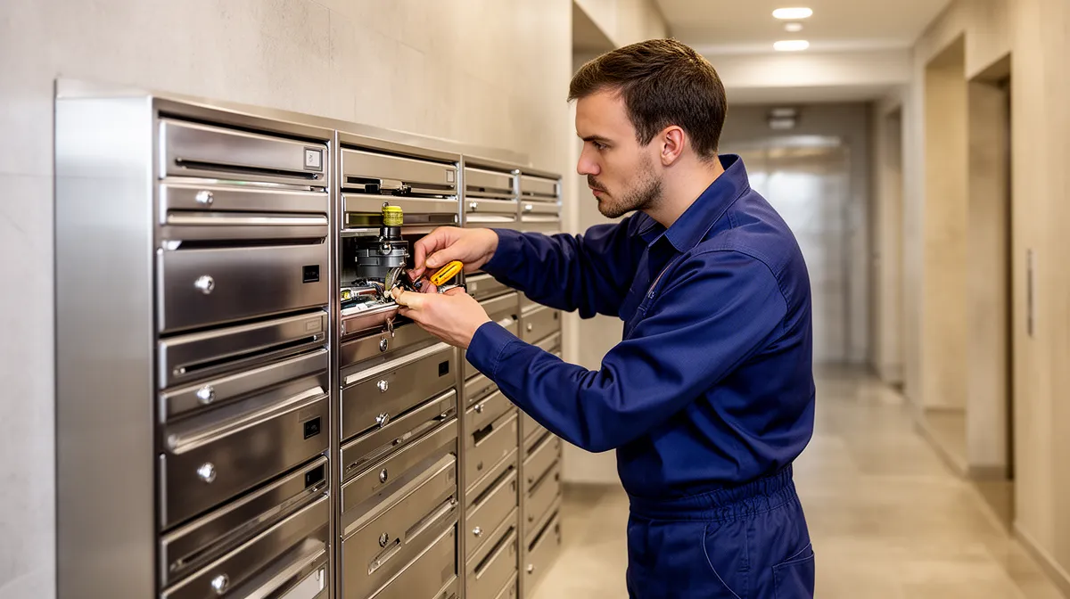 Technicien réparant un système électronique dans un couloir.