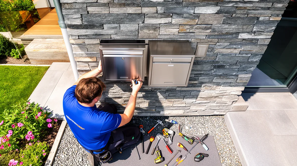 Ouvrier installant un boîtier postal dans un mur de pierre.