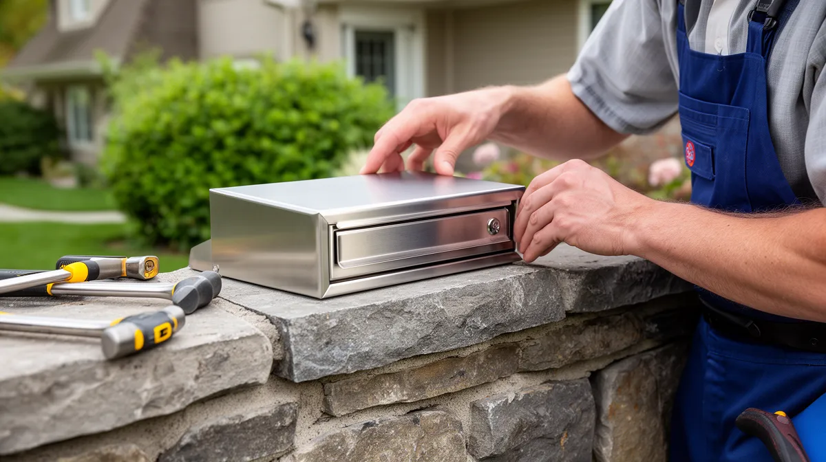 Installateur fixant un boîtier métallique sur un mur en pierre.