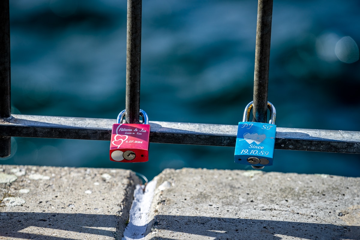 Deux cadenas colorés accrochés à une clôture, avec des inscriptions romantiques.