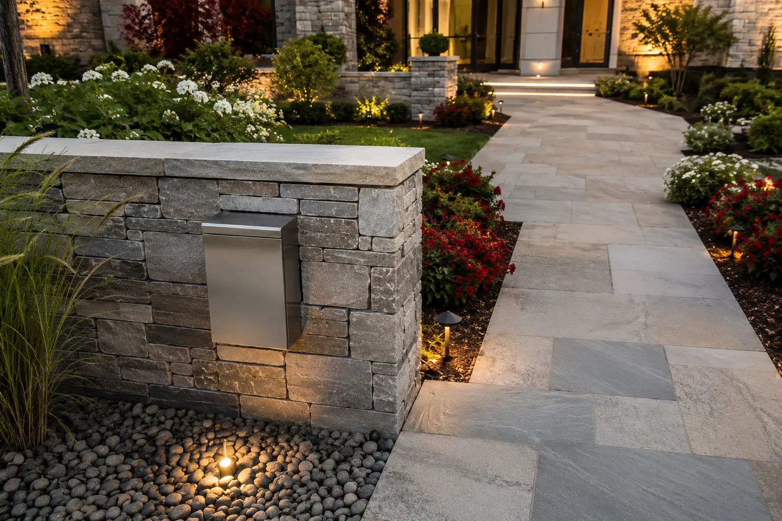 Allée de jardin pavée de pierres grises, avec éclairage et végétation ornementale.
