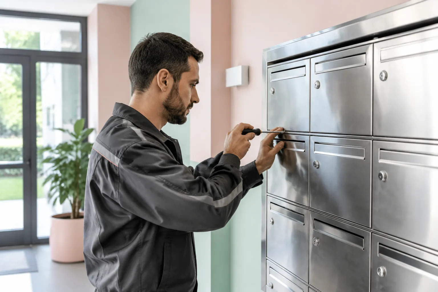Technicien réparant une boîte aux lettres métalliques avec un tournevis