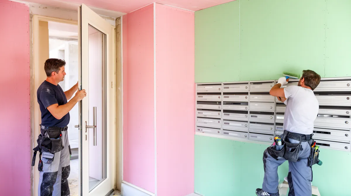Deux ouvriers rénovant un appartement avec des murs colorés.