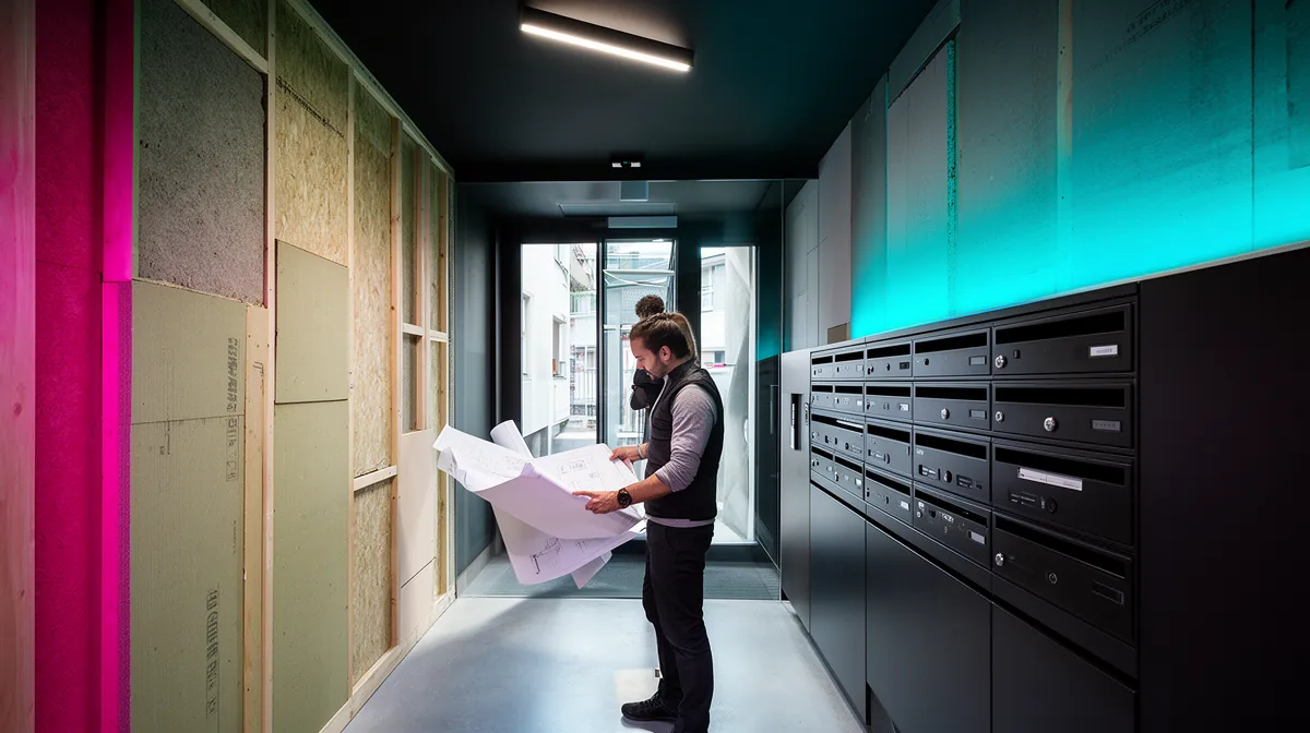 Couloirs sombres, équipements électroniques, homme examinant des plans.