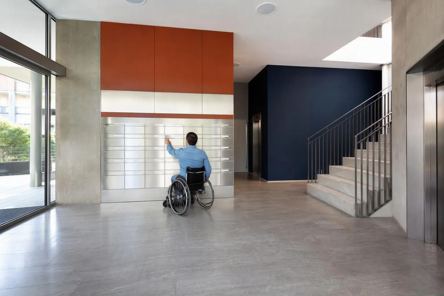 Homme en fauteuil roulant devant des boîtes aux lettres d’immeuble