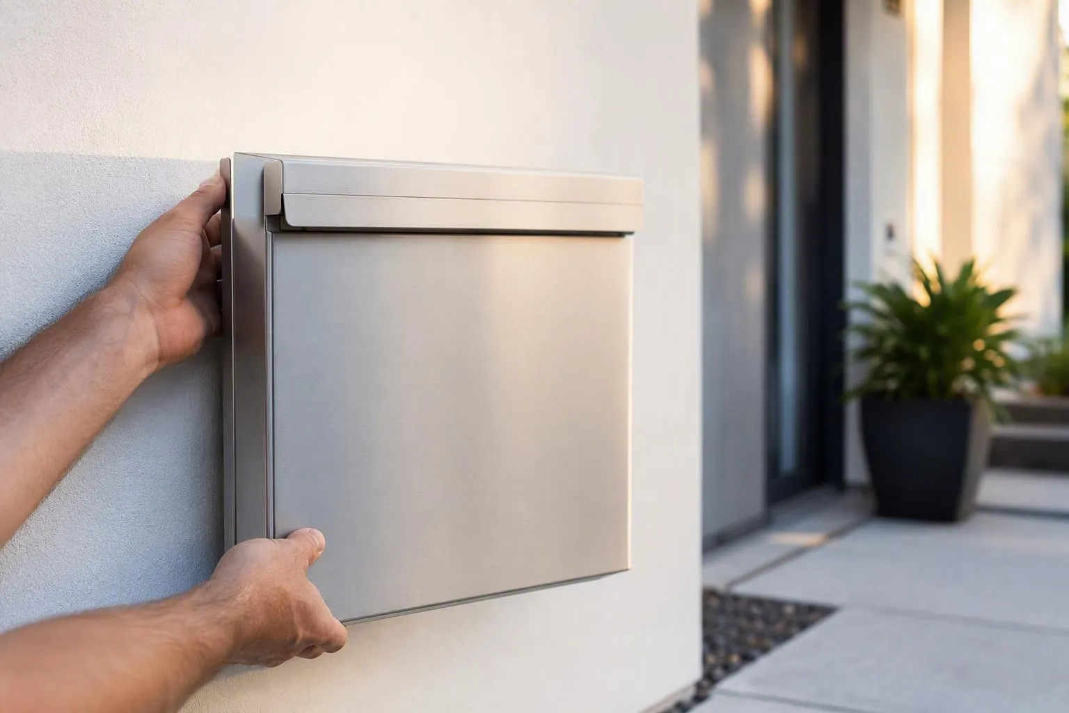 Homme installant une boîte aux lettres métallique murale moderne