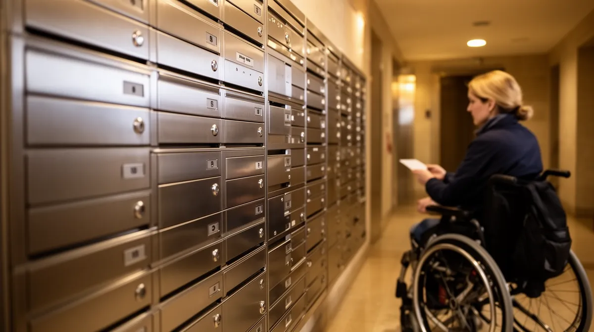 Femme en fauteuil roulant examinant des boîtes aux lettres dans un couloir.