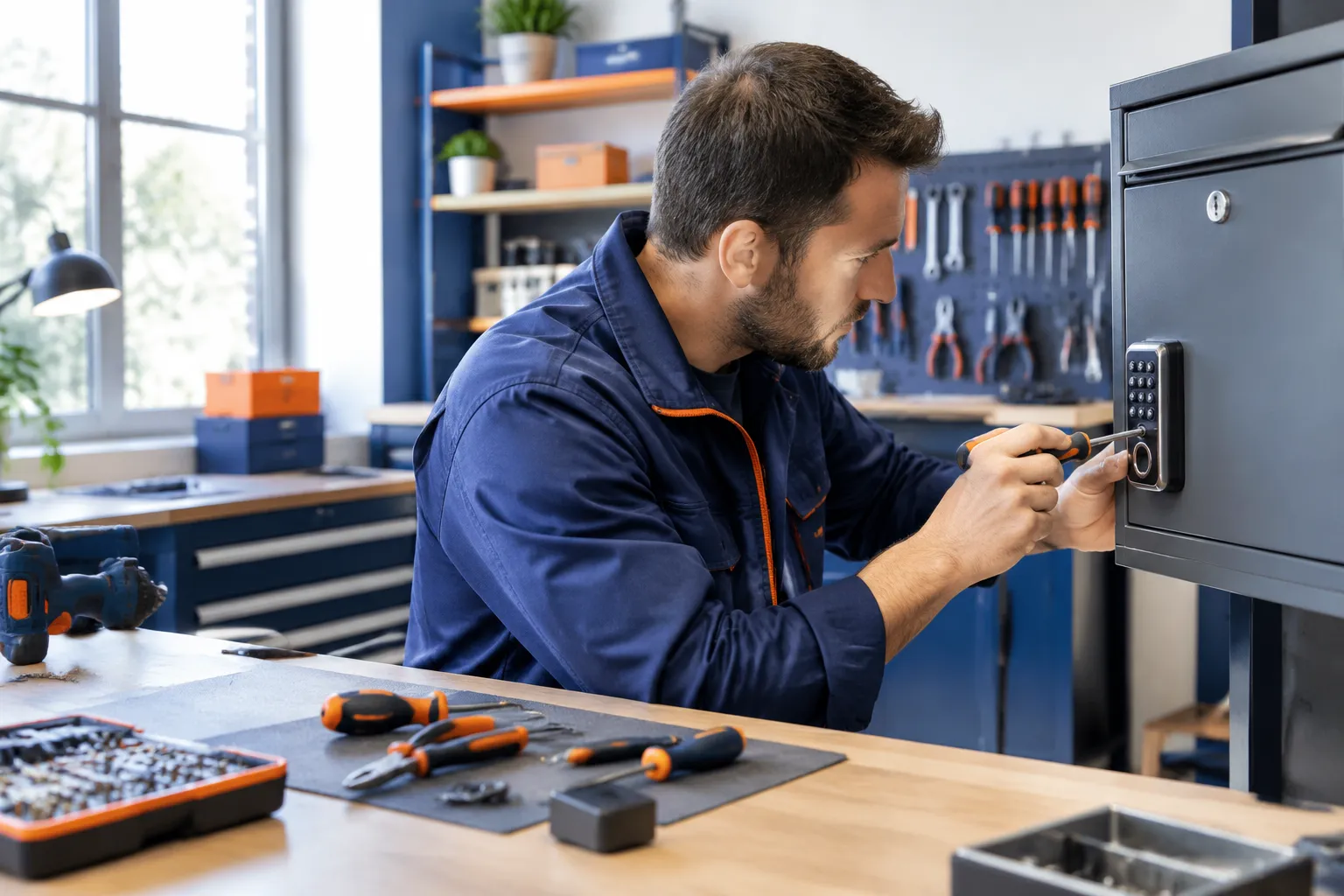 Technicien réparant la serrure électronique d’un coffre-fort.
