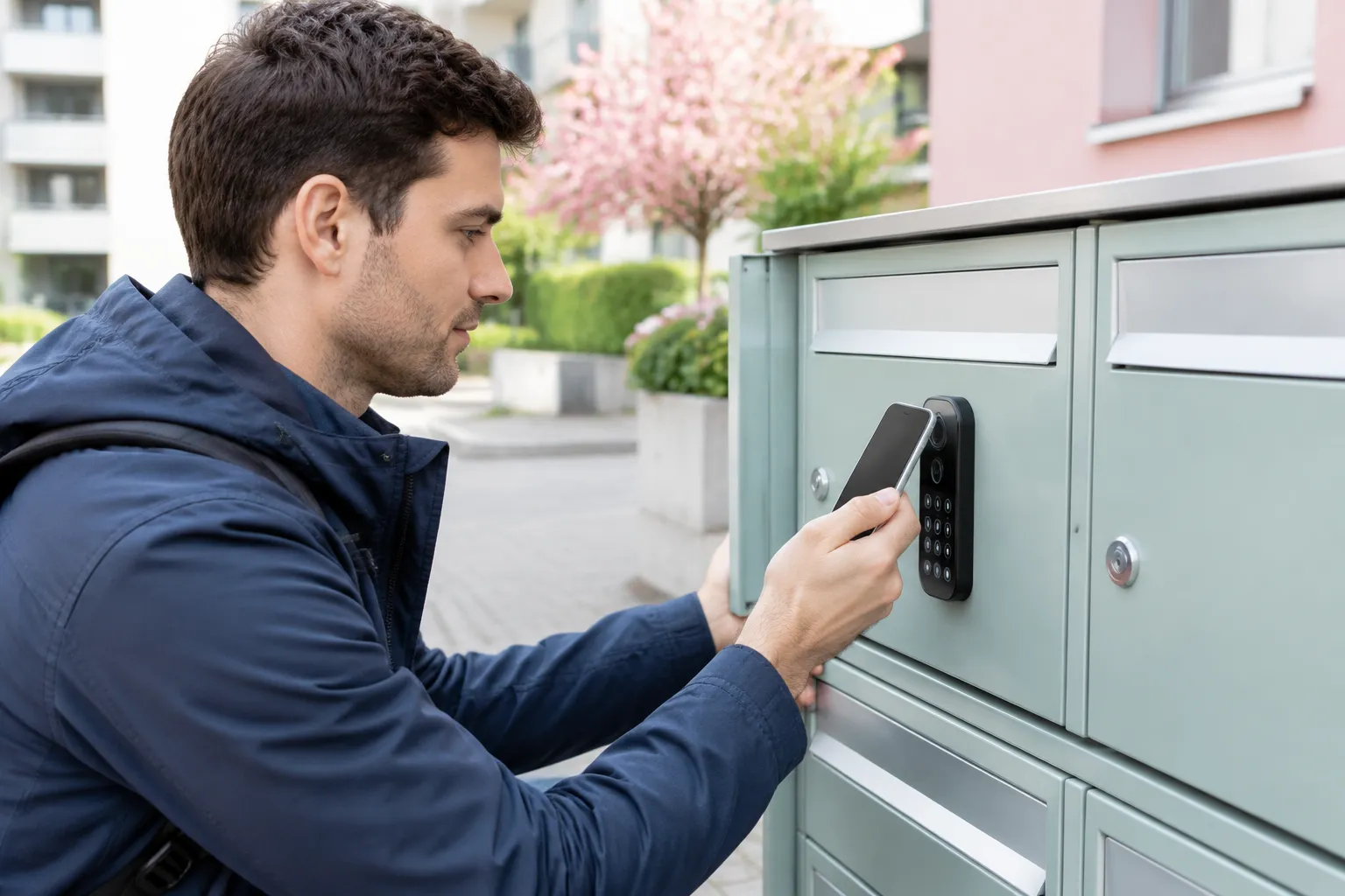 Homme utilisant un smartphone sur un digicode d’entrée d’immeuble