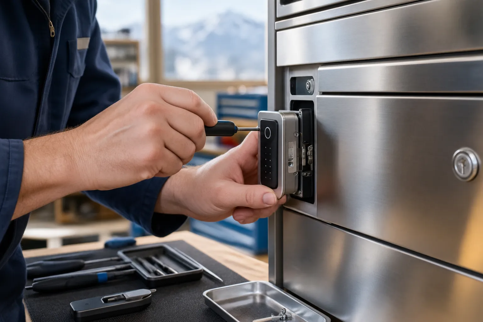 Technicien réparant la serrure électronique d’un four industriel inoxydable