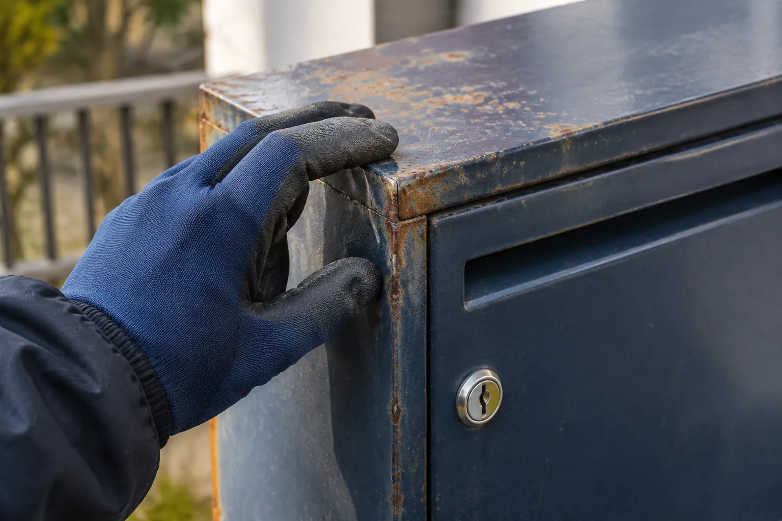 Main gantée ouvrant une boîte aux lettres métallique rouillée verrouillée