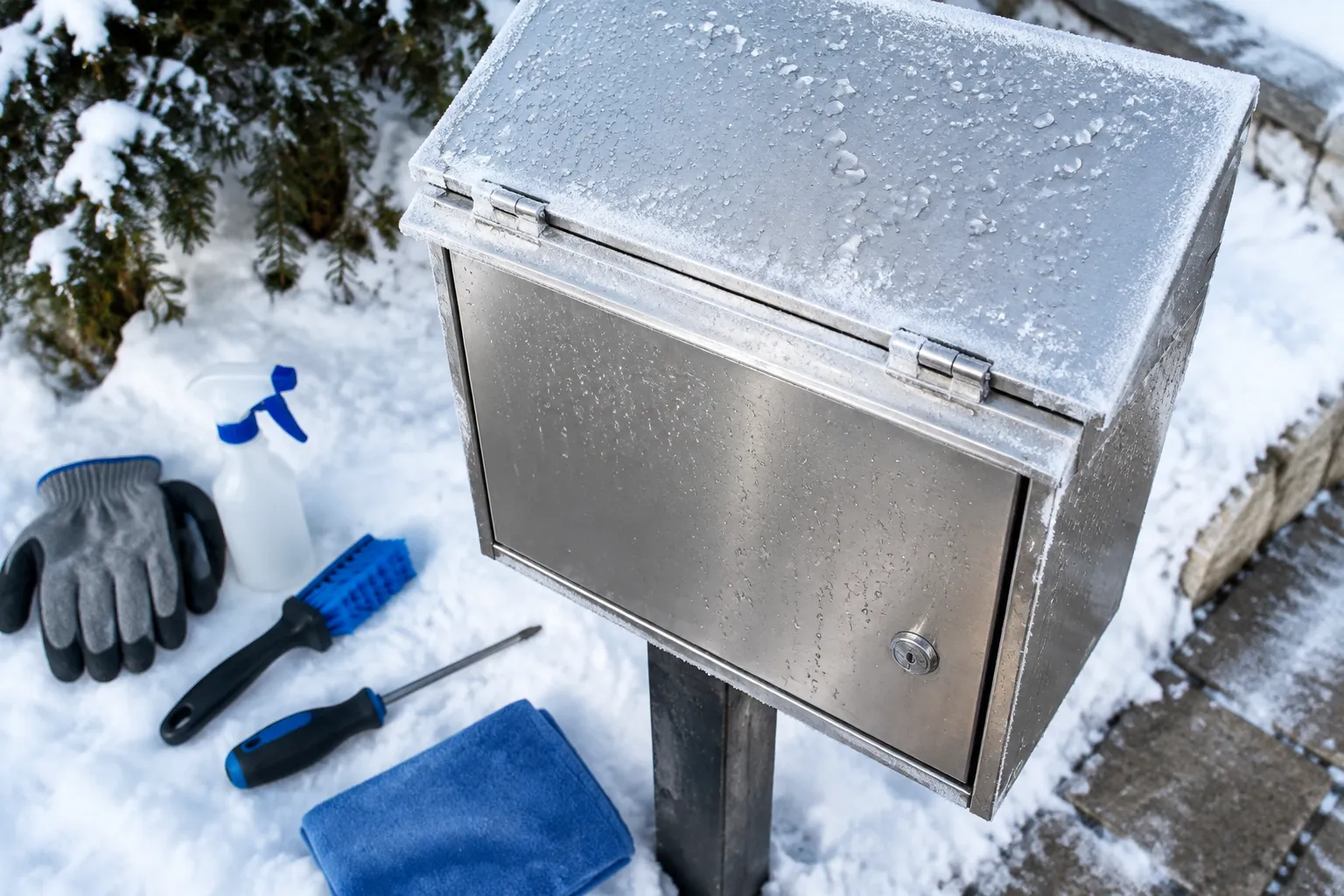 Boîte aux lettres métallique givrée, outils de nettoyage dans la neige