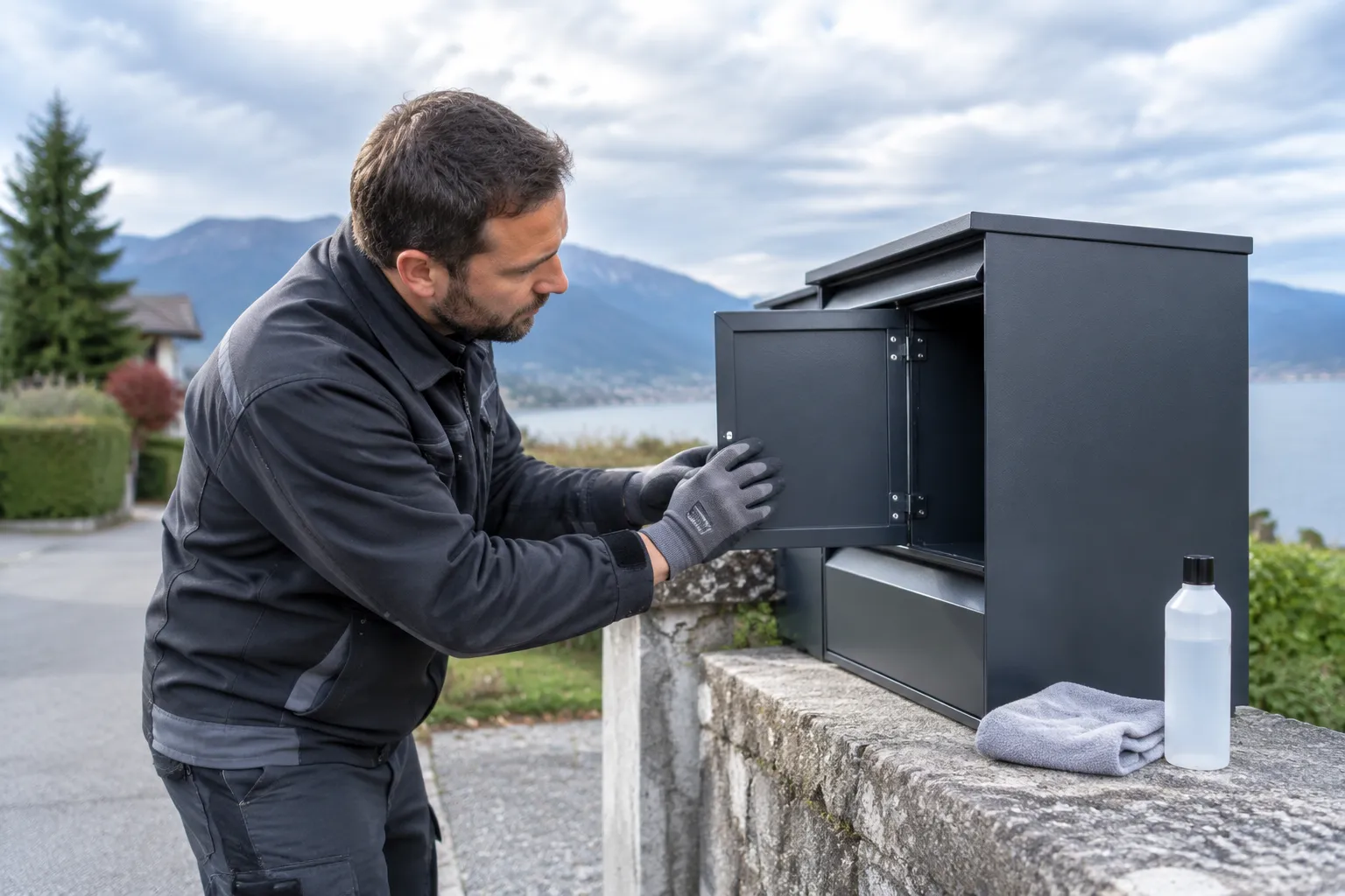 Homme installant une boîte aux lettres noire au bord du lac
