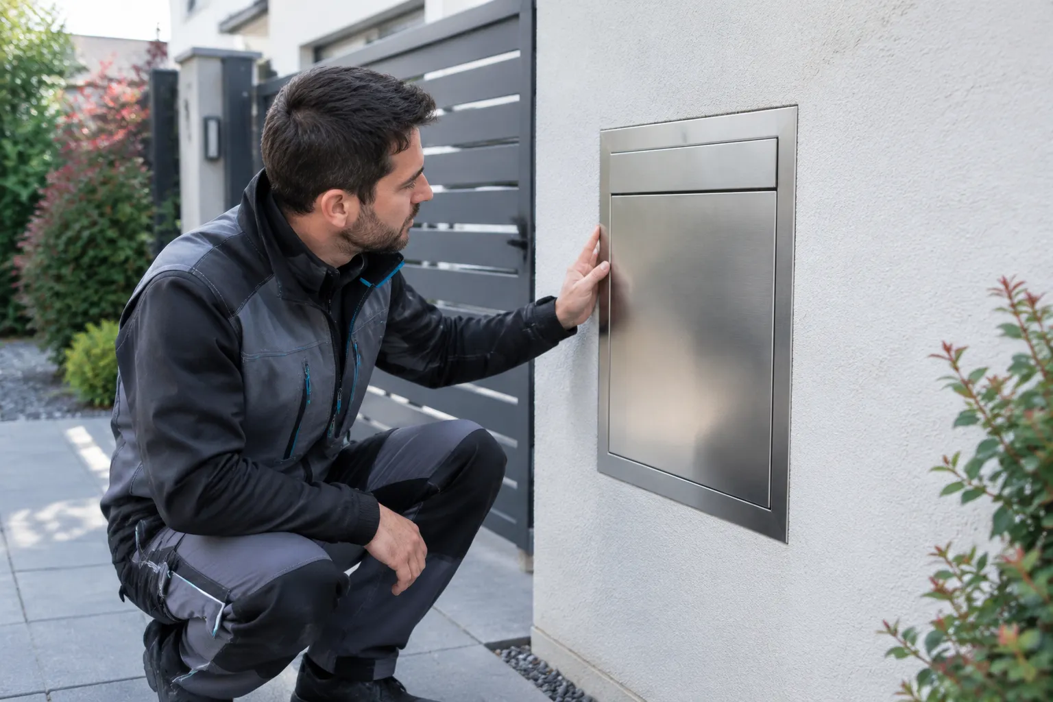Technicien inspectant une boîte aux lettres murale moderne.