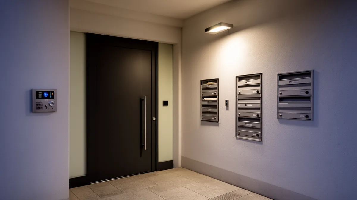 Entrée d'immeuble avec boîtes aux lettres et interphone.