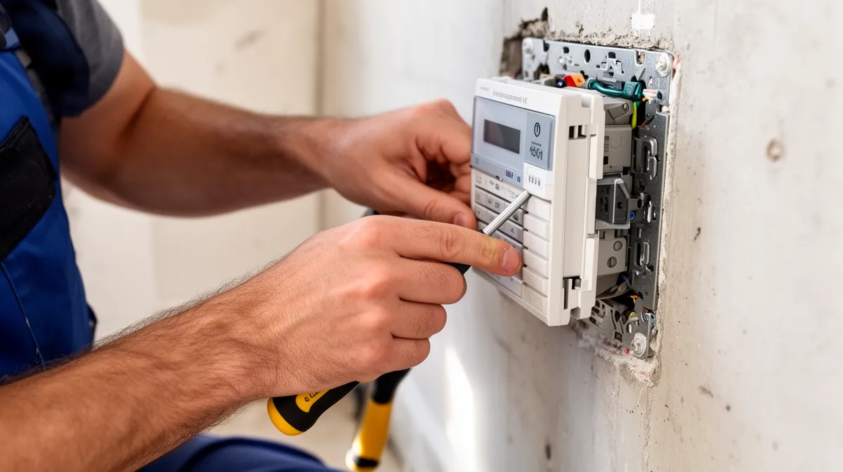 Installateur électrique installant un compteur électrique numérique sur un mur.
