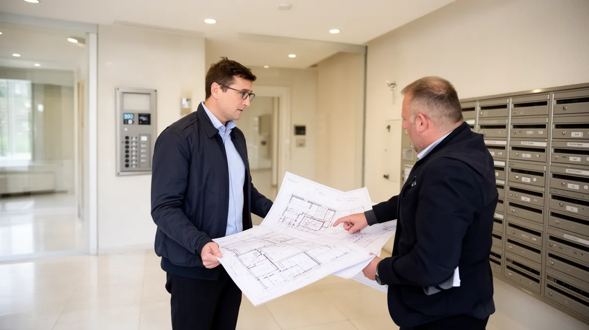 Deux hommes en costume examinant des plans d'architecture dans un immeuble.