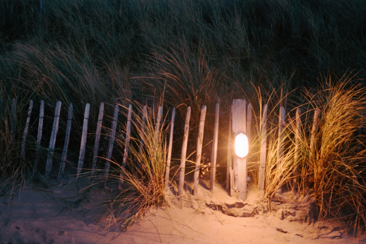 Sentier hivernal éclairé par une lanterne dans la nuit.
