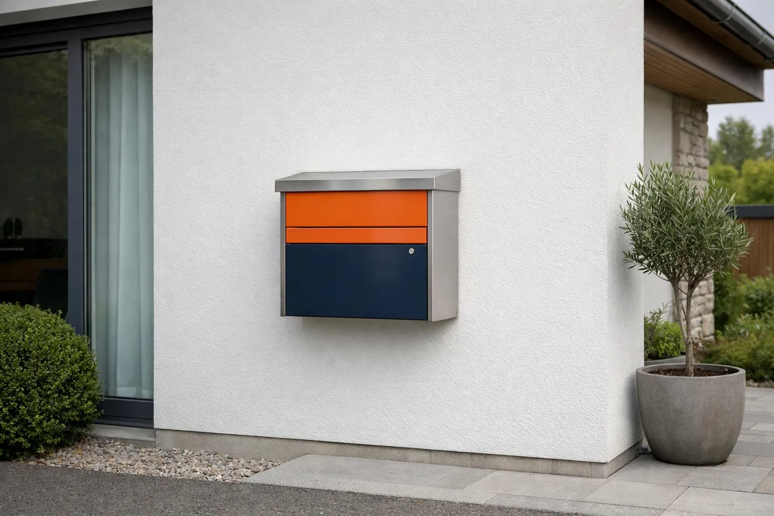 Boîte aux lettres moderne en métal gris et orange.