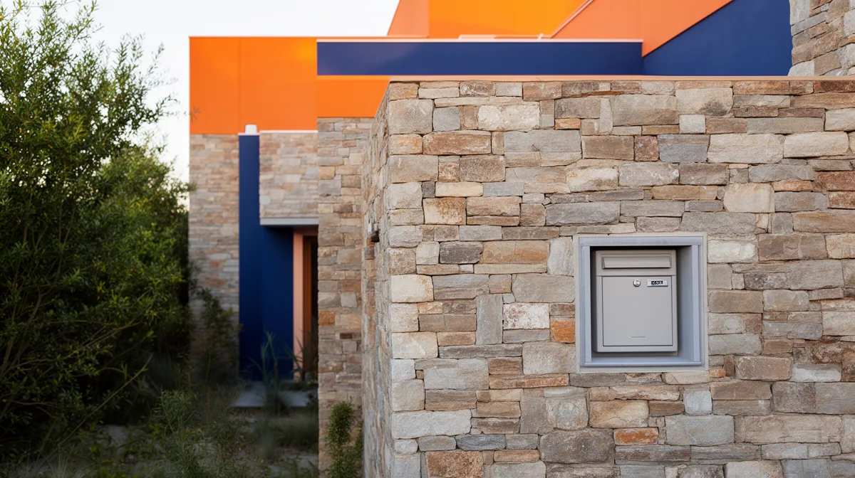 Mur de pierre, toit orange, boîte aux lettres grise.