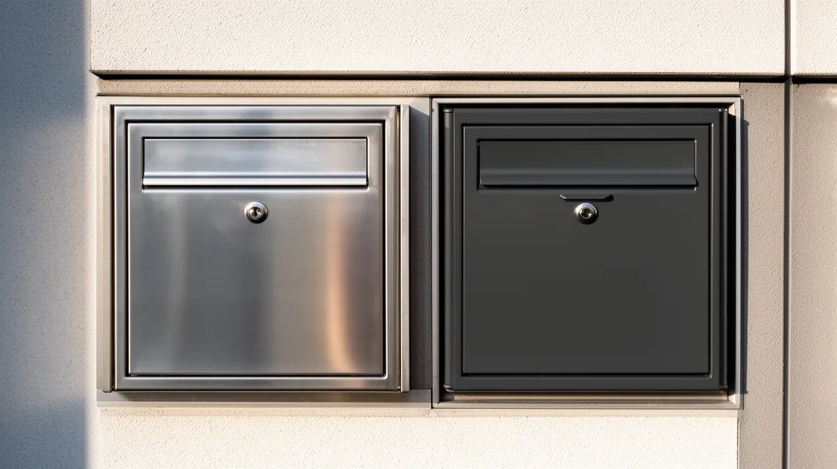Boîtes aux lettres en métal noir et argent.