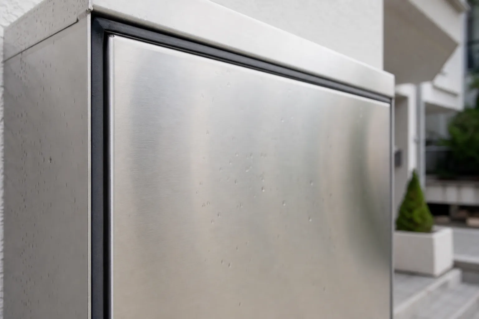 Réfrigérateur en acier inoxydable moderne et minimaliste.