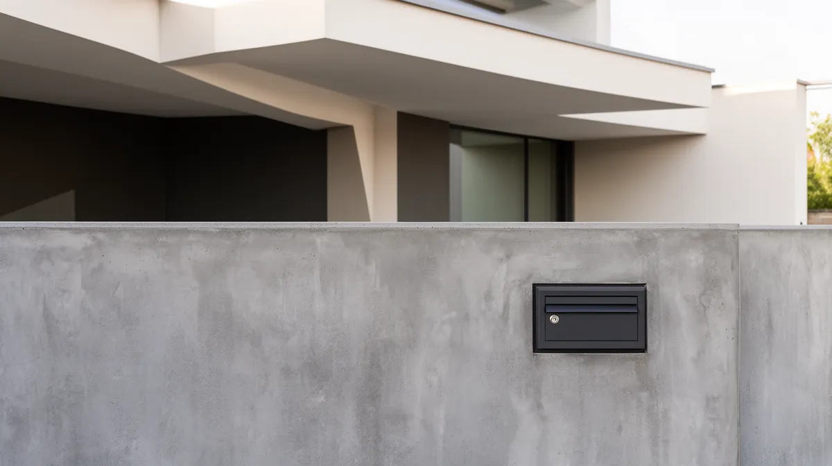 Bâtiment moderne avec boîte aux lettres noire sur mur en béton.