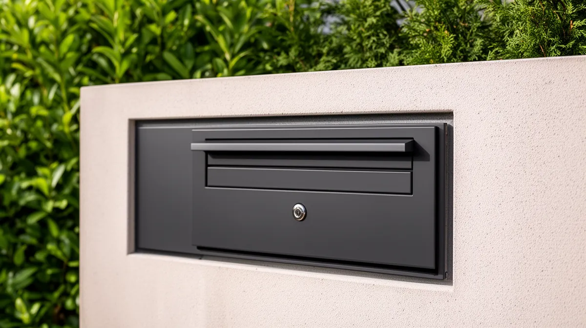 Boîte aux lettres noire encastrée dans un mur blanc.