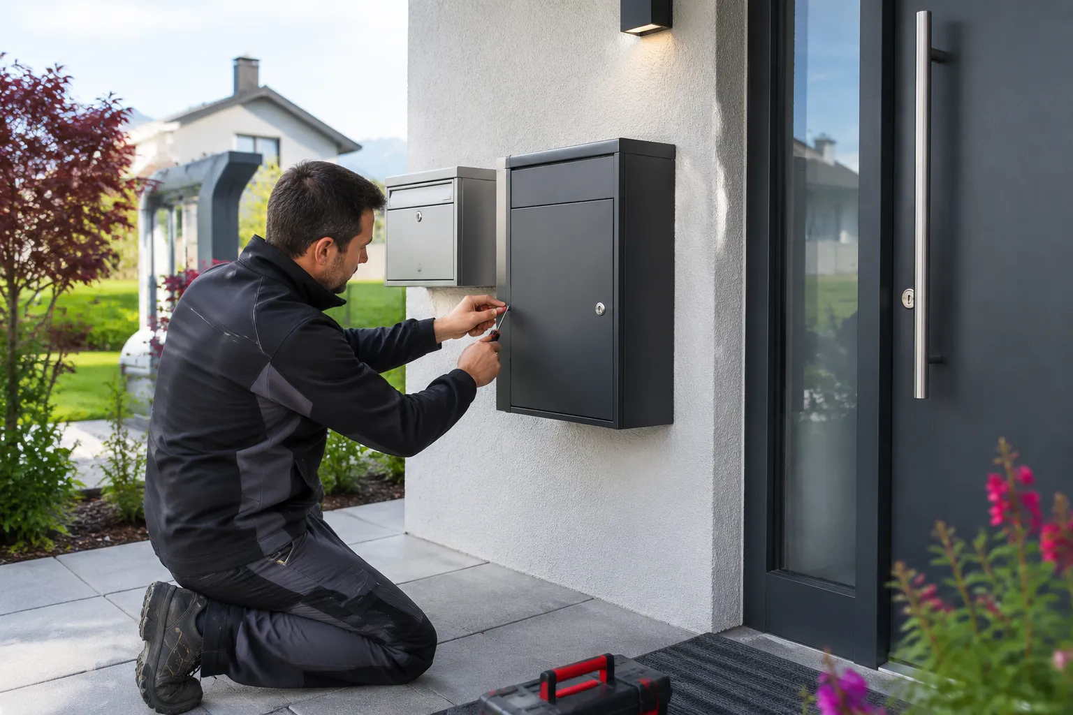 Technicien installant une boîte aux lettres murale moderne.