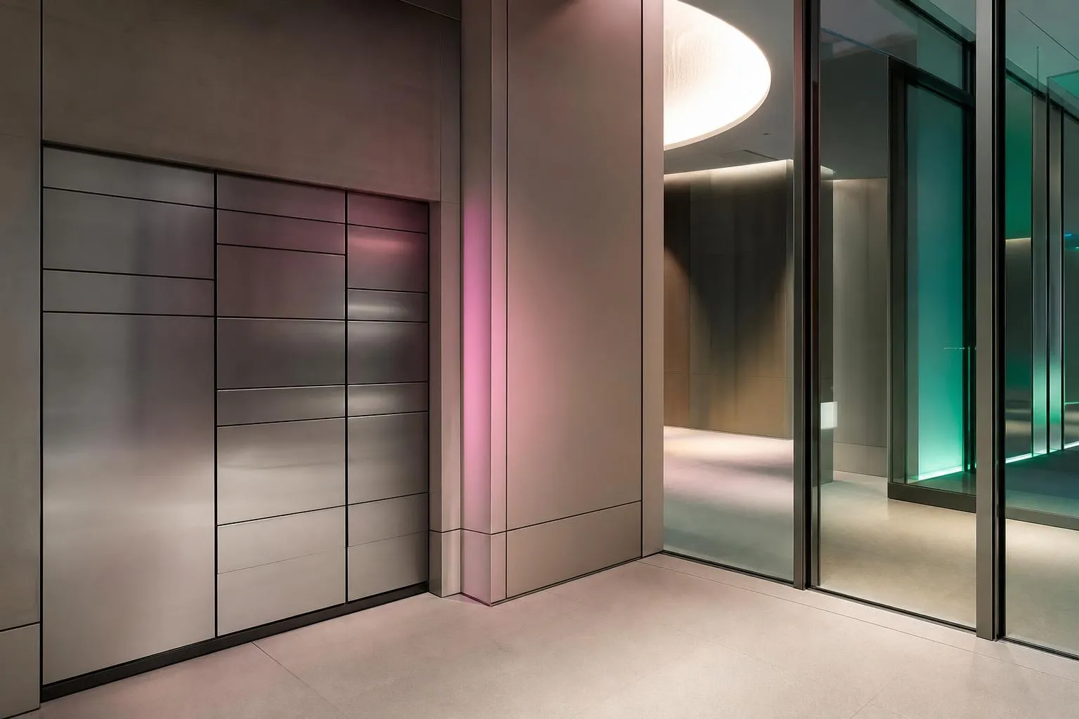Intérieur moderne avec murs gris, éclairage rose et portes vitrées.