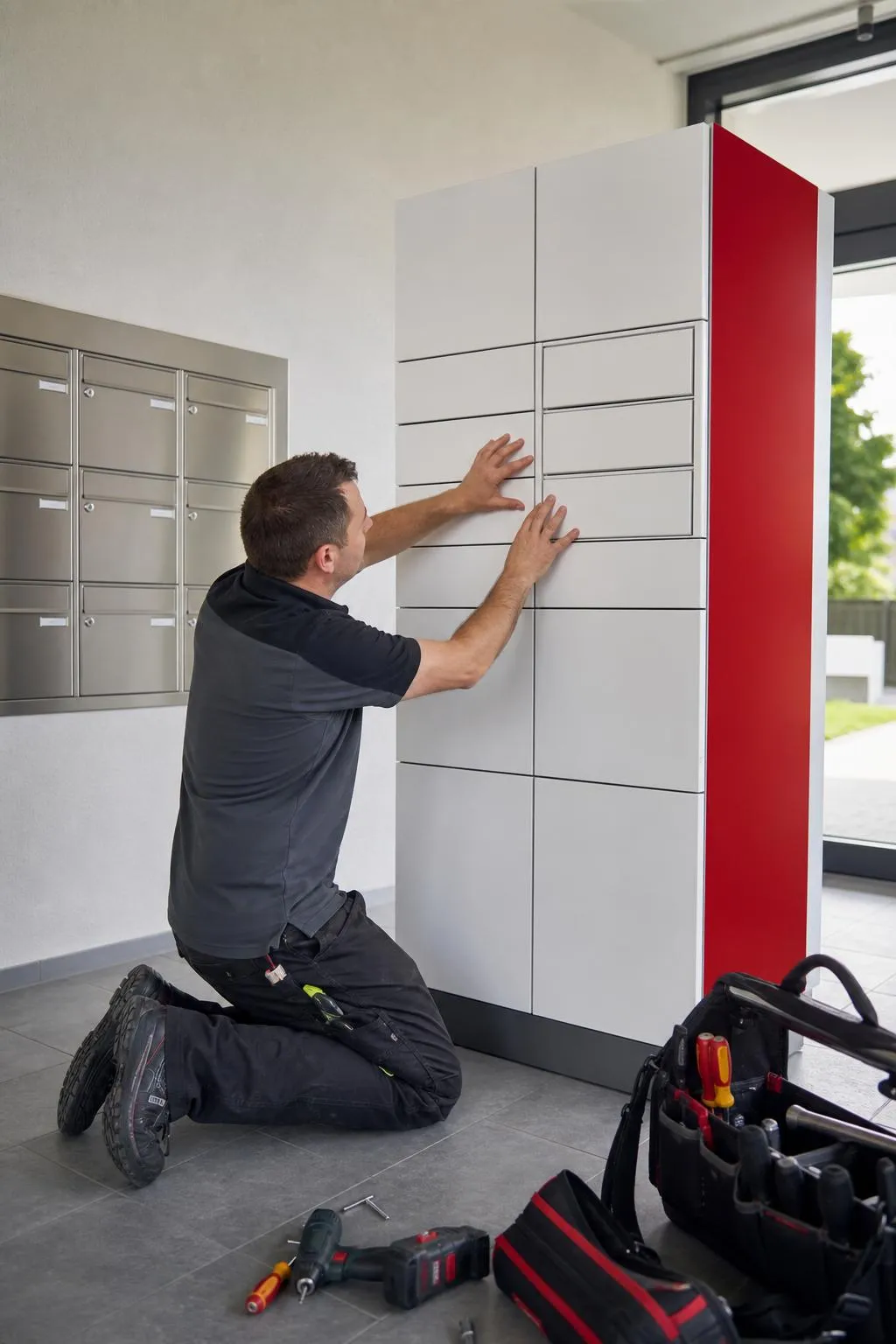 Homme installant des casiers métalliques dans un bâtiment.