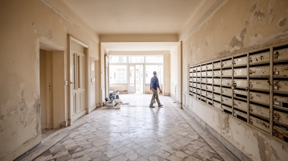 Couloir délabré avec boîtes aux lettres et personne en arrière-plan.
