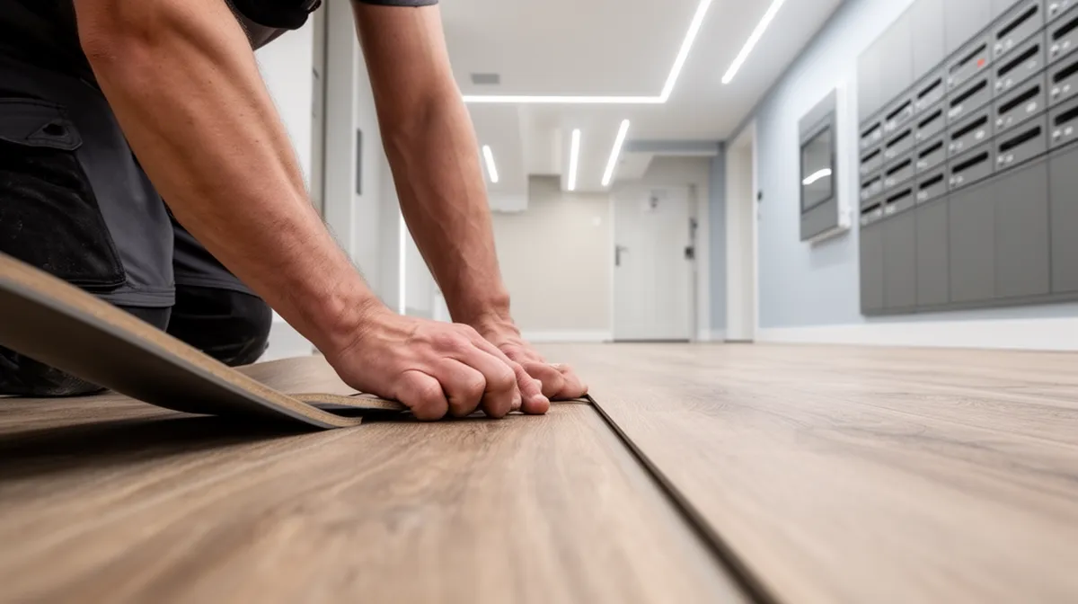 Mains d'un ouvrier installant un plancher en bois dans un couloir.