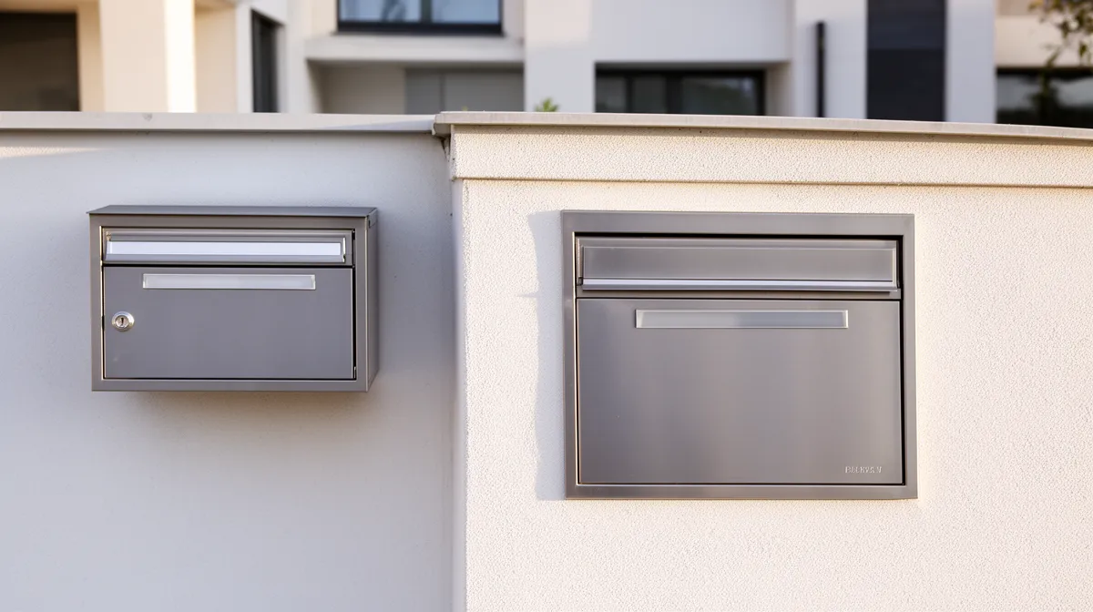 Boîtes aux lettres grises modernes sur un mur blanc.