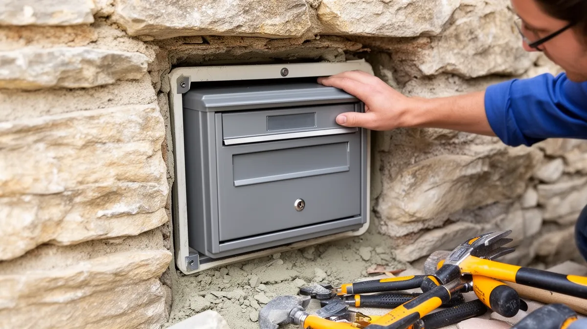 Boîte aux lettres grise encastrée dans un mur de pierre avec des outils de bricolage à proximité.