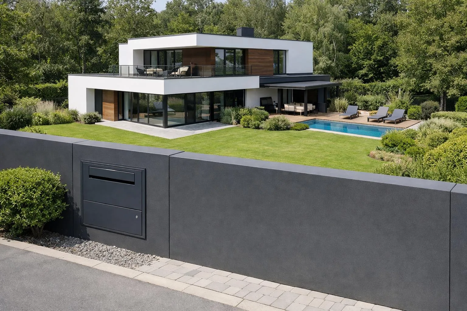 Maison contemporaine avec piscine et jardin paysager.
