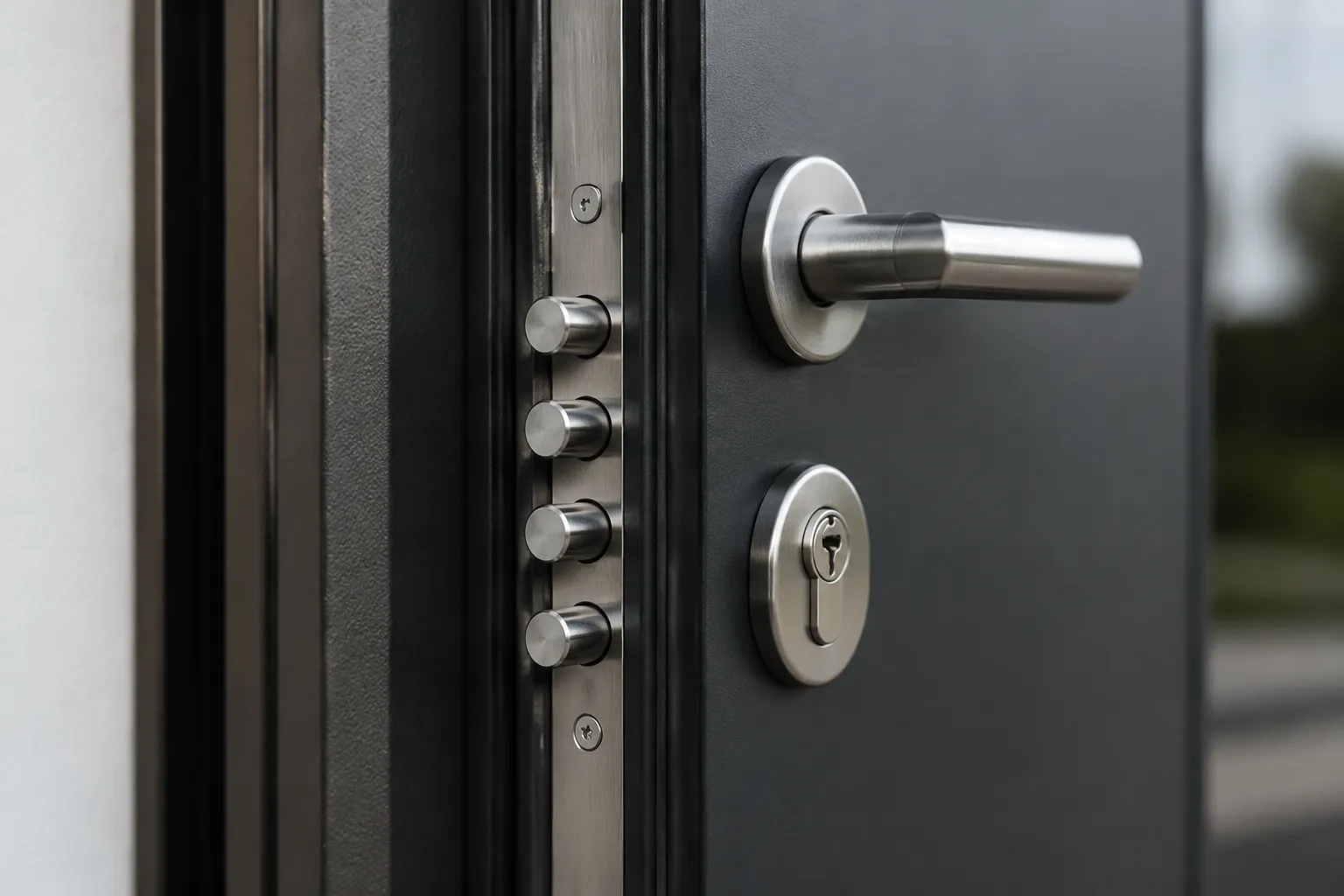 Porte d'entrée en métal avec poignée et serrure en acier inoxydable.