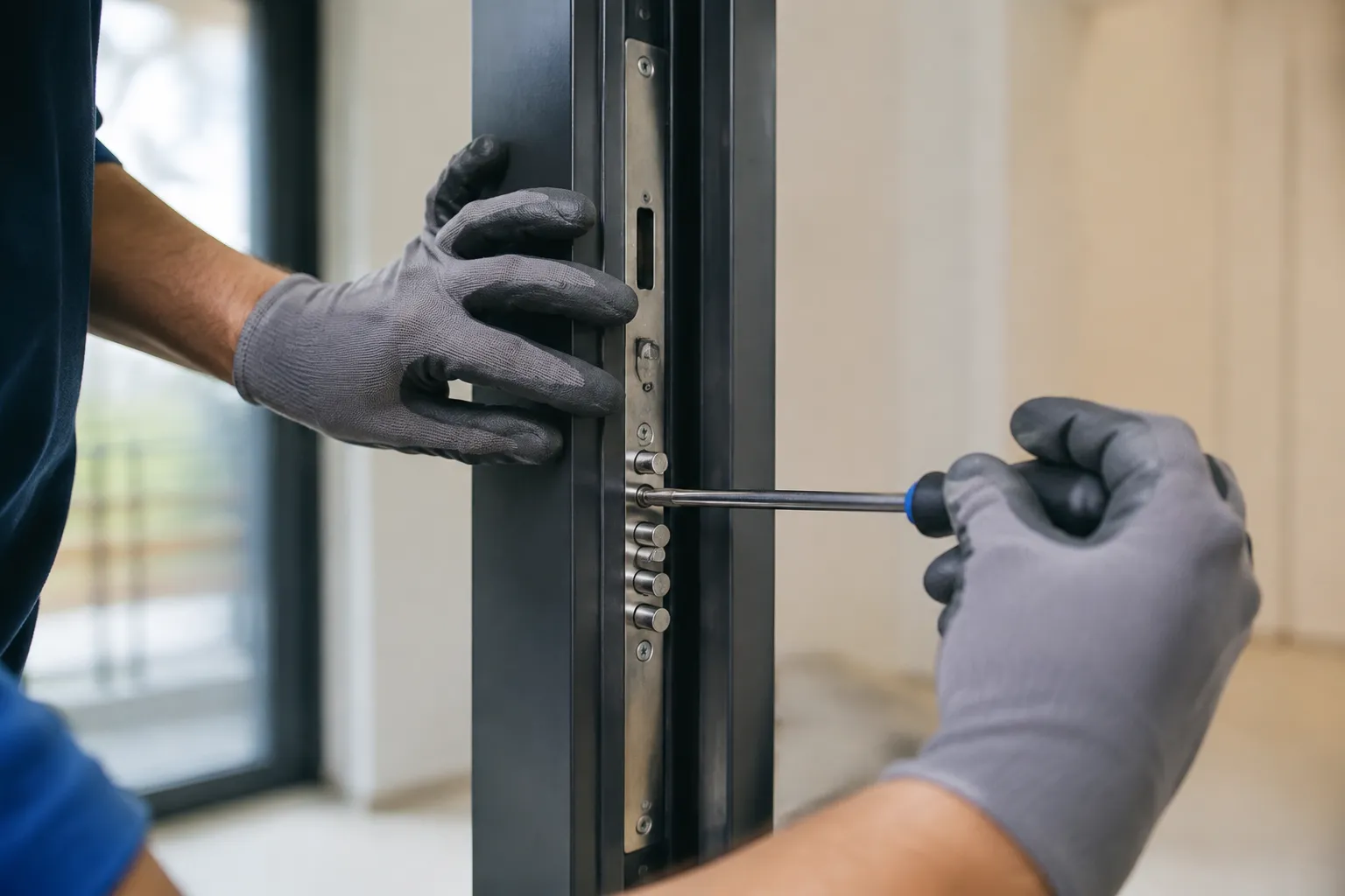 Mains gantées réparant un mécanisme de porte.