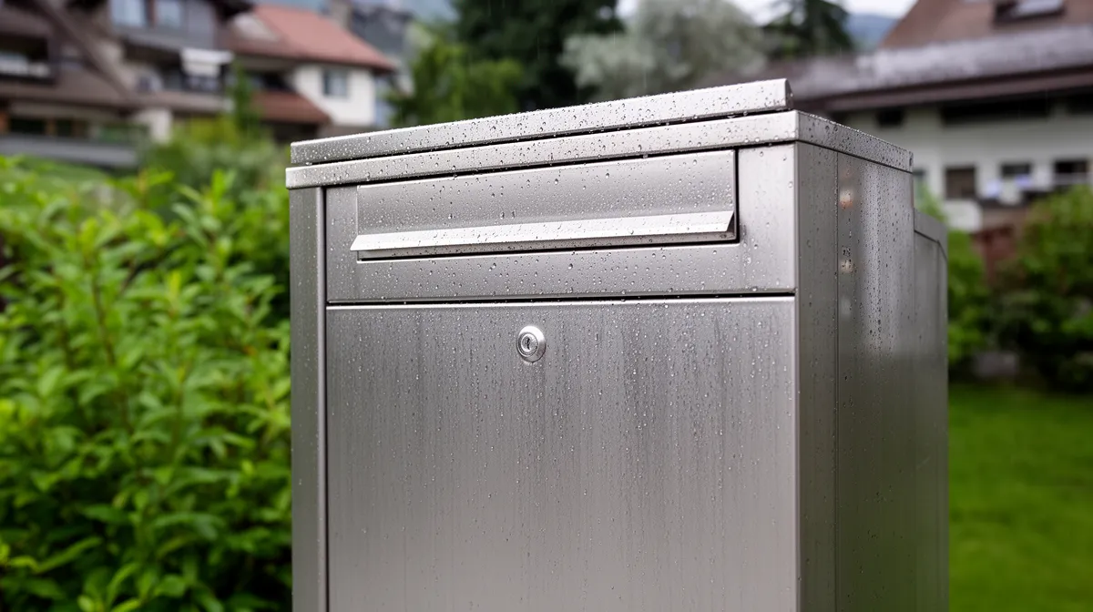 Boîte aux lettres métallique grise avec des gouttes de pluie.