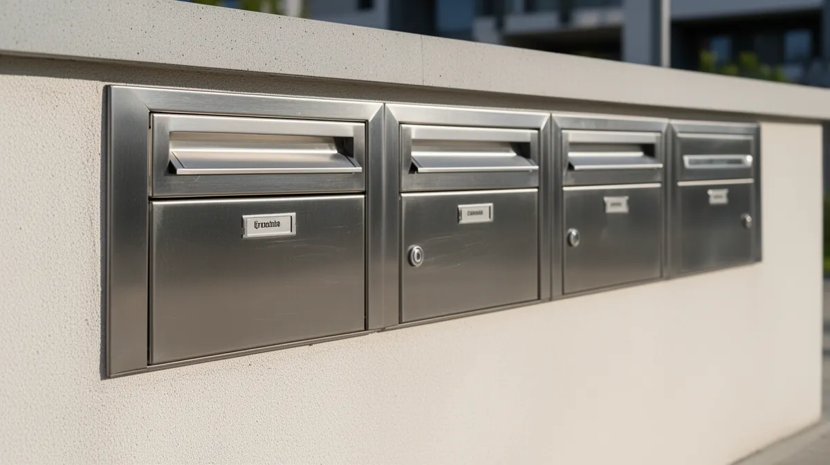 Boîtes aux lettres en acier inoxydable alignées sur un mur.