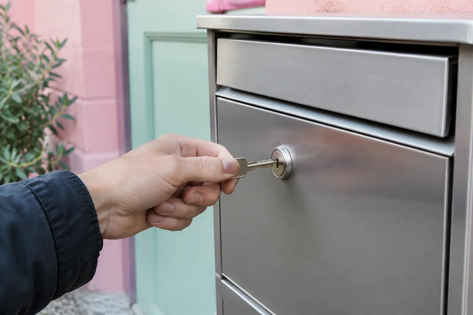 Main tournant une clé dans serrure de boîte aux lettres métallique