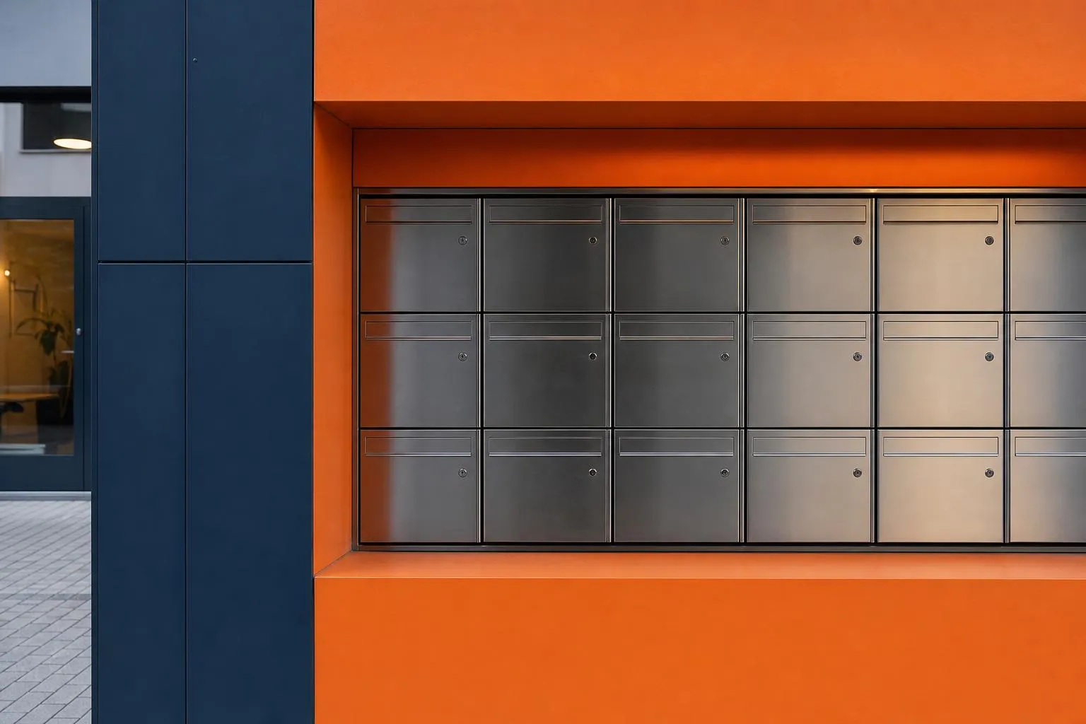 Boîtes aux lettres métalliques sur fond orange et bleu.