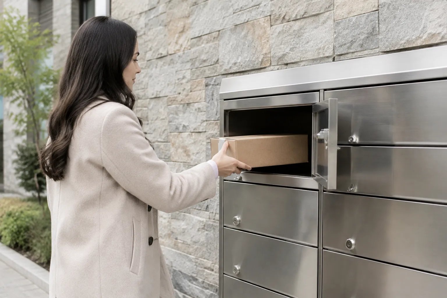 Femme déposant un colis dans une boîte aux lettres métallique yqverte