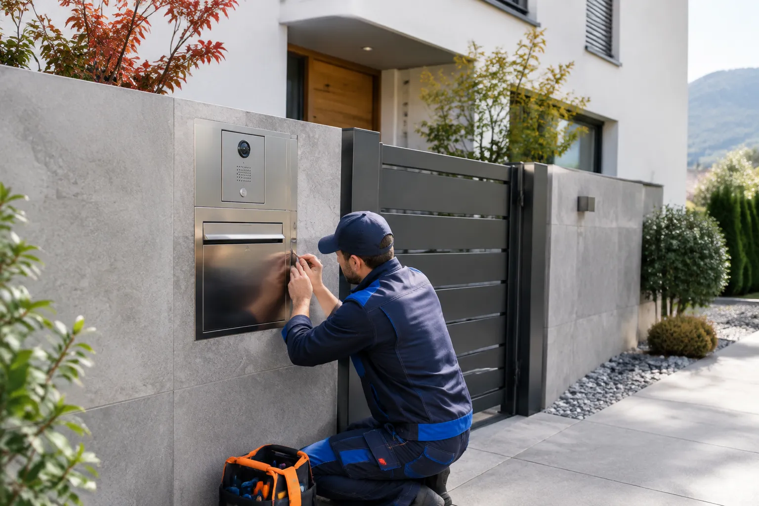 Technicien installant un interphone sur mur résidentiel moderne